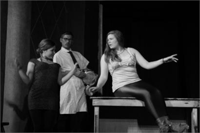 Sarah Walker as Samantha, Anna Black as Kitty the Waitress and Pete Fortenbaugh as Waiter