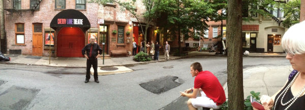 My daughter, Rain, took this panorama shot of me outside the Cherry Lane Theatre. That's Keith and Trina at right.
