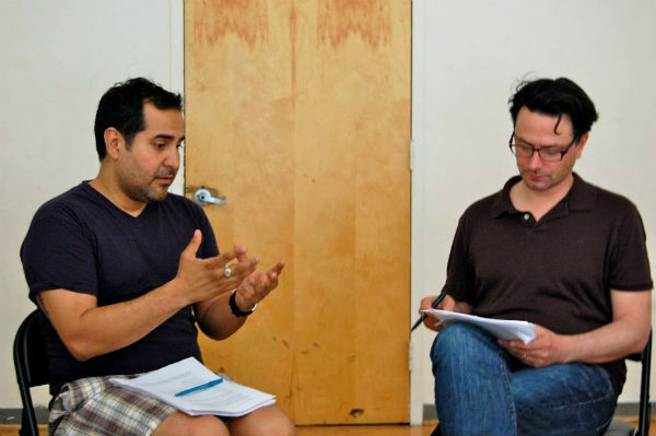 At the read-through. This is the opening scene, in which a young boy (OK, imagine he's 10) explains to the principal how he threw a rock into a hornet's nest.