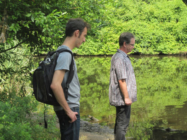 Actors Collin McConnell and Mickey Ryan, looking dubious about the wildlife in the water...