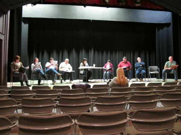 Rehearsal begins. From left: Vickie Haynie, Heather Sexton, Stevie Holcomb, Patrick Kennerly, Kelly Anglim, Emma Sala, Jeff Price, Gary Reid and James Honaker.