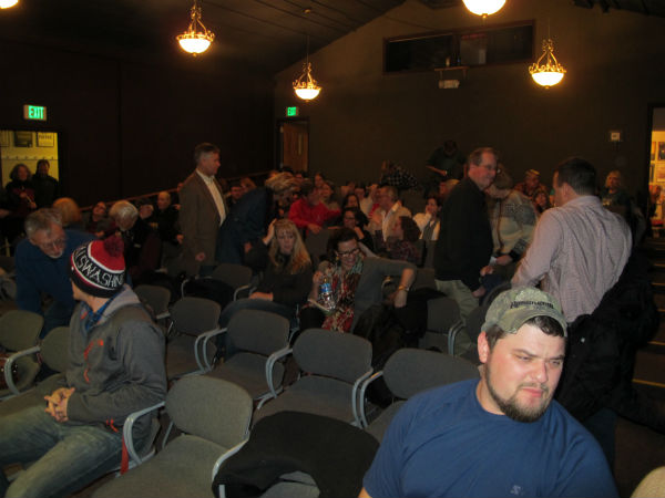 The crowd files in. We had nearly a full house. The man in the black, standing at right, is Congressman Bob Goodlatte.