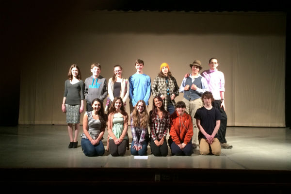The cast of The Monkey At the Wedding. From right to left, Top row: Father of Bride, Groom, Best man, Minister, Granny, Monkey, Mother of bride.  Bottom row: Pluto, Mother of groom, Zoe, Maid of Honor, Fatima, and the Bride. 
