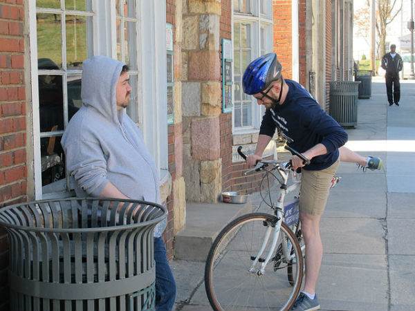 Stephen Glassbrenner eyes Blair's bike. Yeah, that happens.