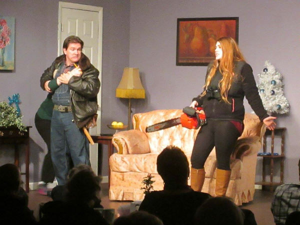 The maintenance man learns to beware of a women with a chainsaw.