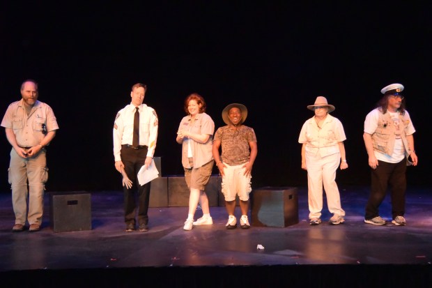 The cast of THE ZOOKEEPER'S ARM. From left, Paul Stober, Nicholas McCord, Amanda Mansfield, Ronald Blanks Jr., Bayla Sussman, and John Bergman. Photo by Susan K.
