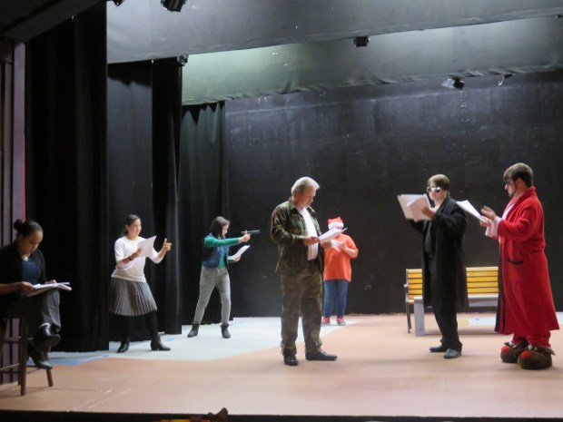 The militia confronts the potential alien hunters. From left, Skylar Gay as Mia, Bella Lerch as Kia, Brian Lee as Commando Joe, Faith Lewis as Pow, Joel Gruver as 51Hunter and Stephen Baltz as Zeke.